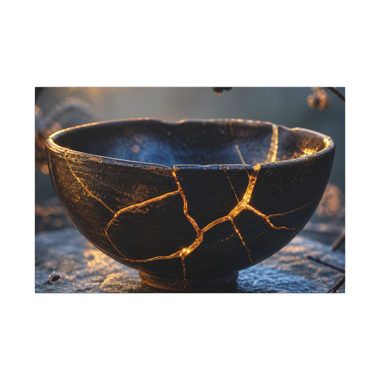 Ceramic Bowl Canvas Art | Winter Kintsugi Gold Repair Art