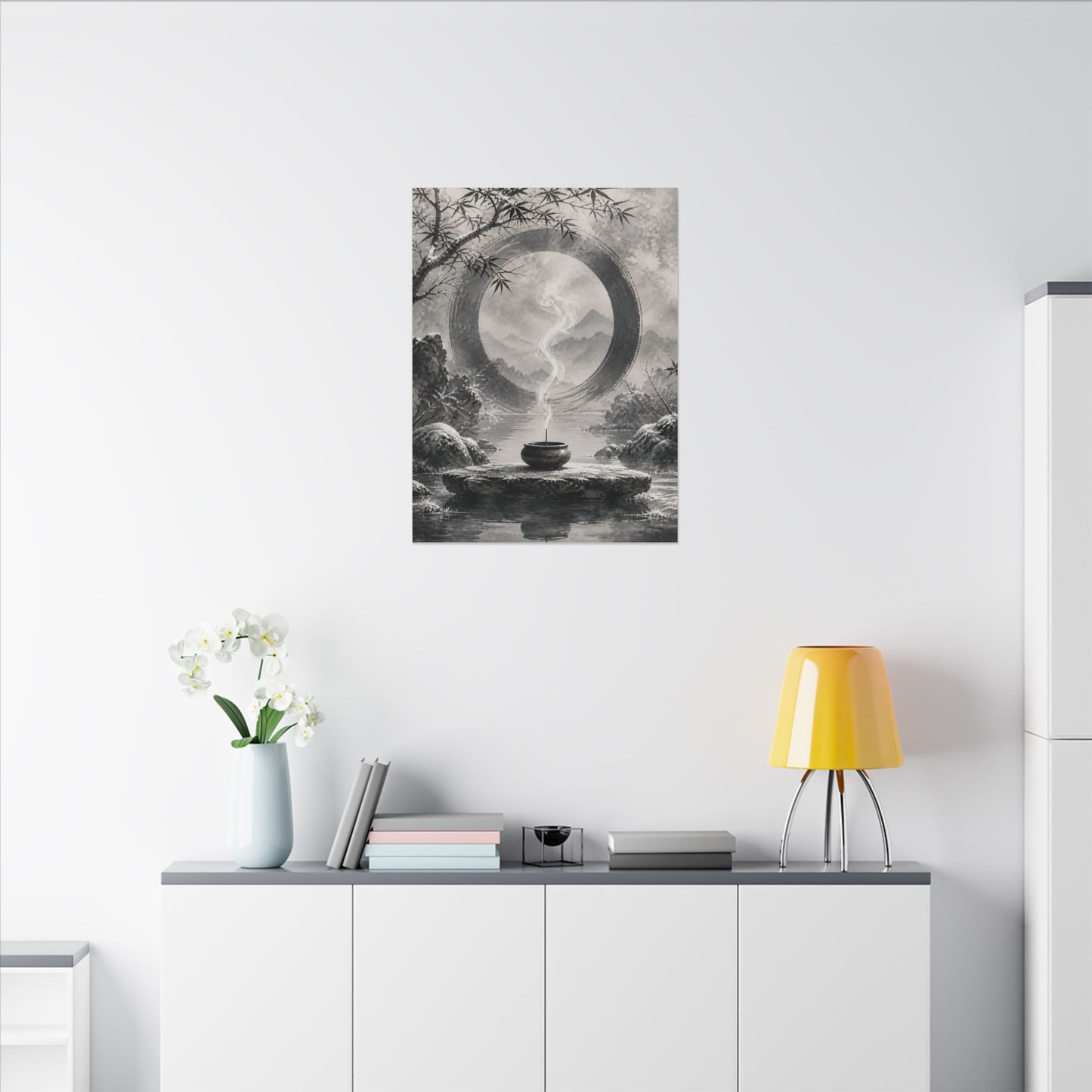 Incense Smoke Canvas Art | Winter Zen Sumi E Art