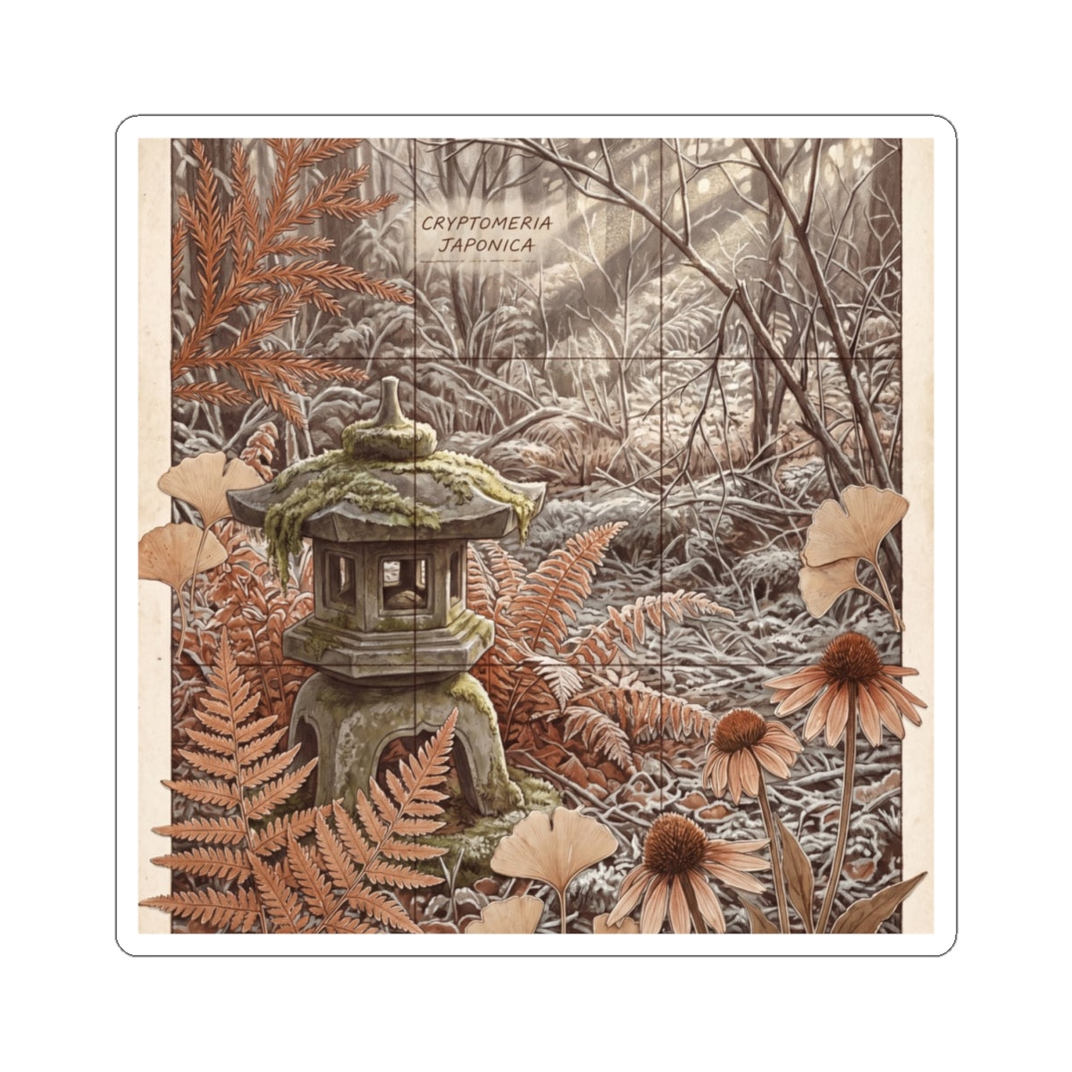 Winter Stone Lantern Herbarium Sticker | Rustic Decor Art Print