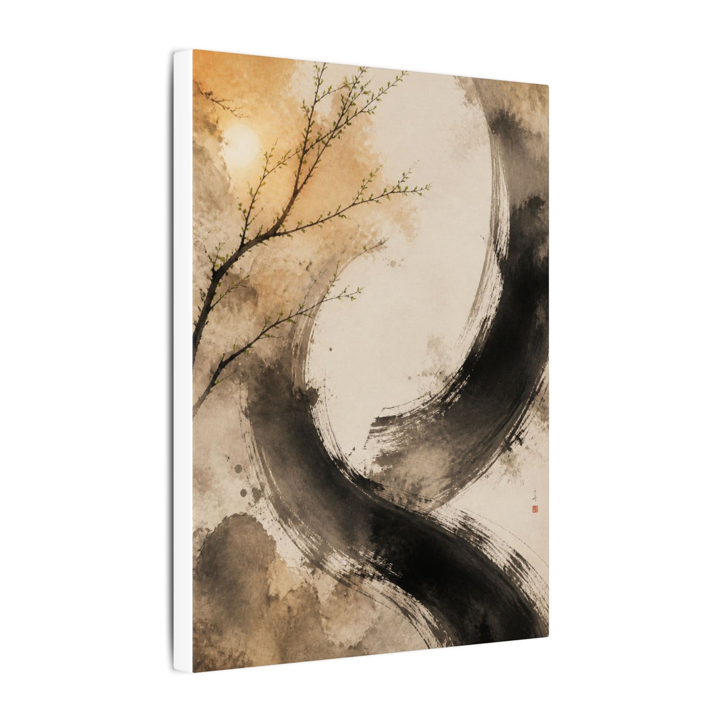 Japandi Ink Brushstroke in Golden Hour | Watercolor Canvas Art