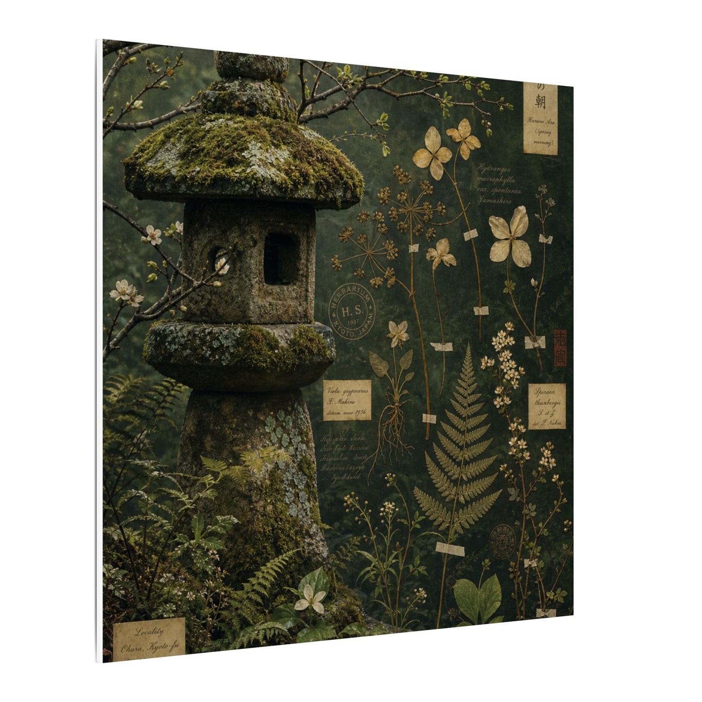 Spring Stone Lantern Herbarium Canvas Art | Nostalgic Decor