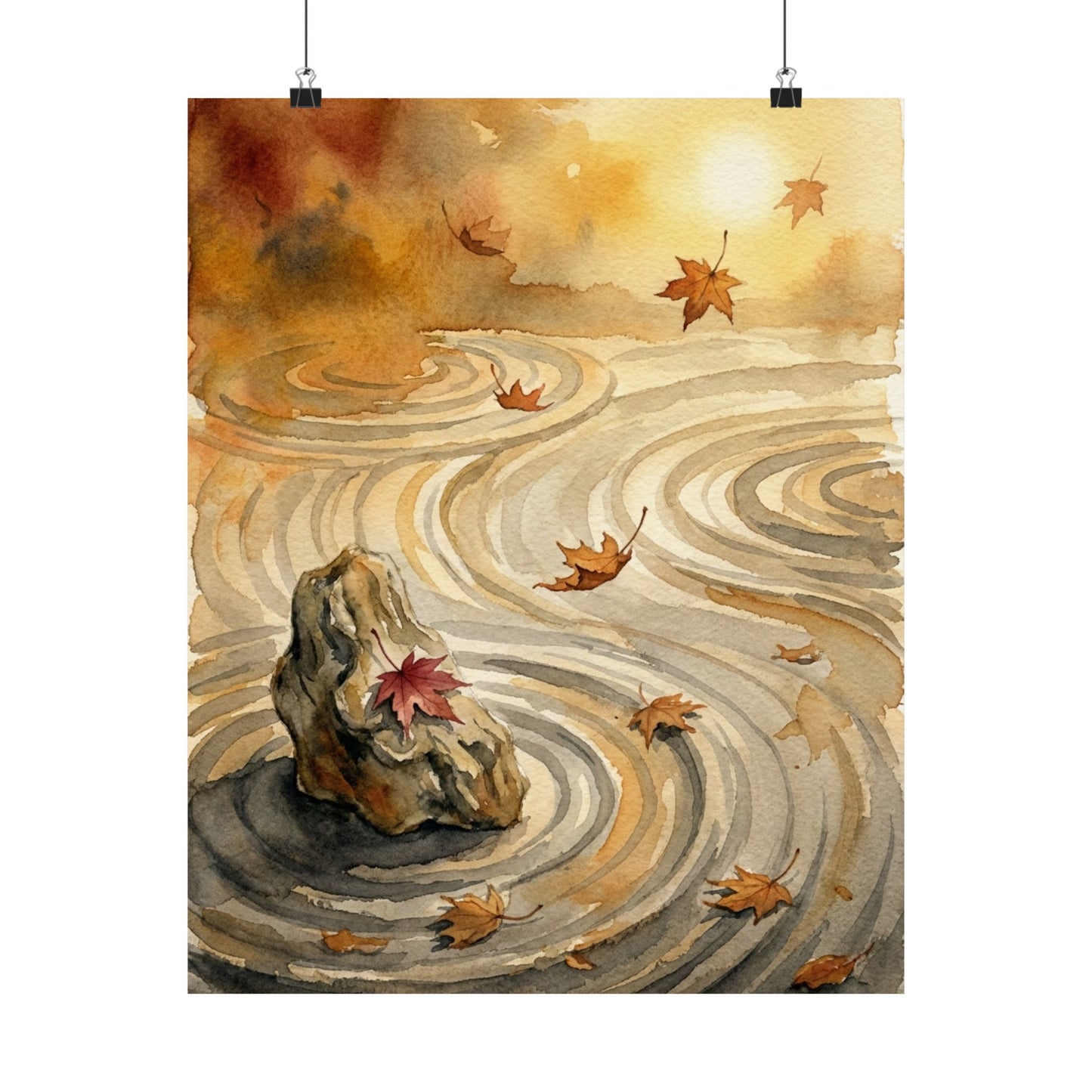 Japandi Rock Garden in Golden Hour | Watercolor Wall Art Print