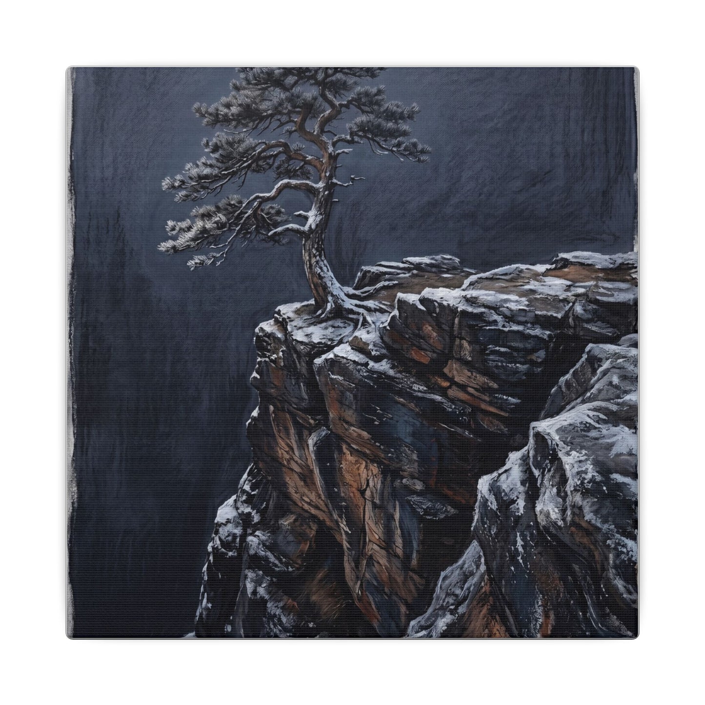 Dark Japandi Pine Tree in Dawn | Dark Texture Canvas Art