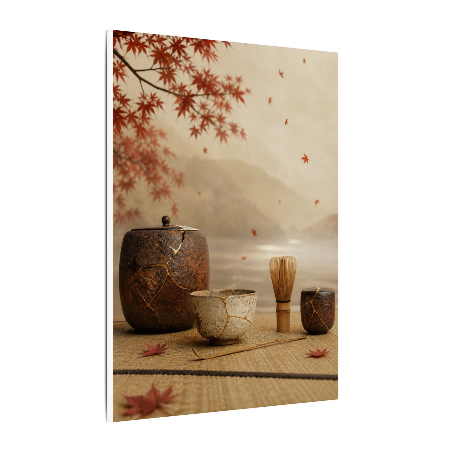Tea Ceremony Canvas Art | Autumn Kintsugi Gold Vein Art