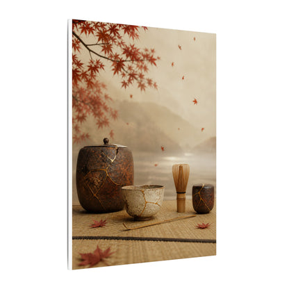 Tea Ceremony Canvas Art | Autumn Kintsugi Gold Vein Art