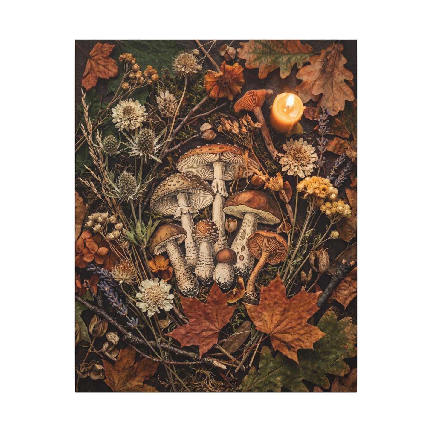 Autumn Dried Flowers Mushroom Illustration Canvas Art | Earthy Decor