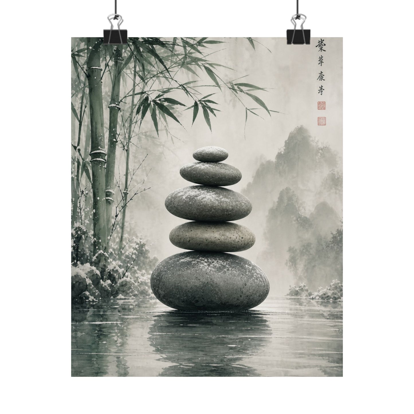 River Stones Sumi E Wall Art Print | Tranquil Zen Art