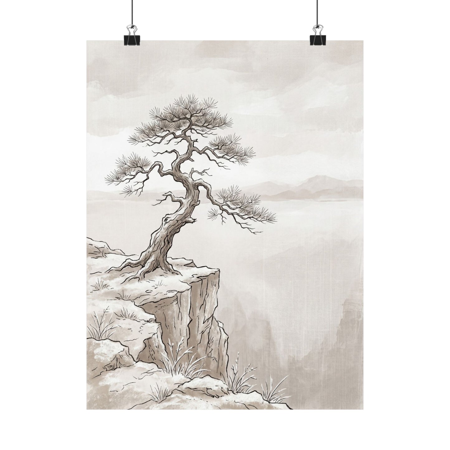 Japandi Pine Tree in Overcast | Minimal Line Wall Art Print