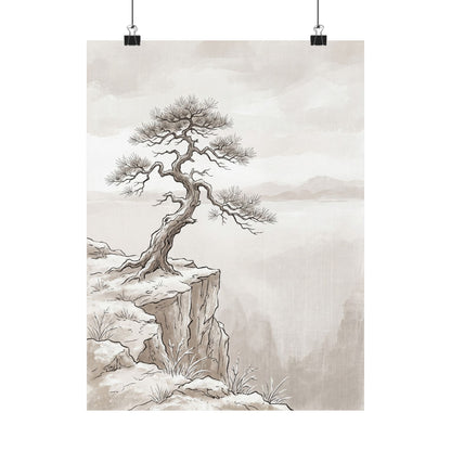 Japandi Pine Tree in Overcast | Minimal Line Wall Art Print