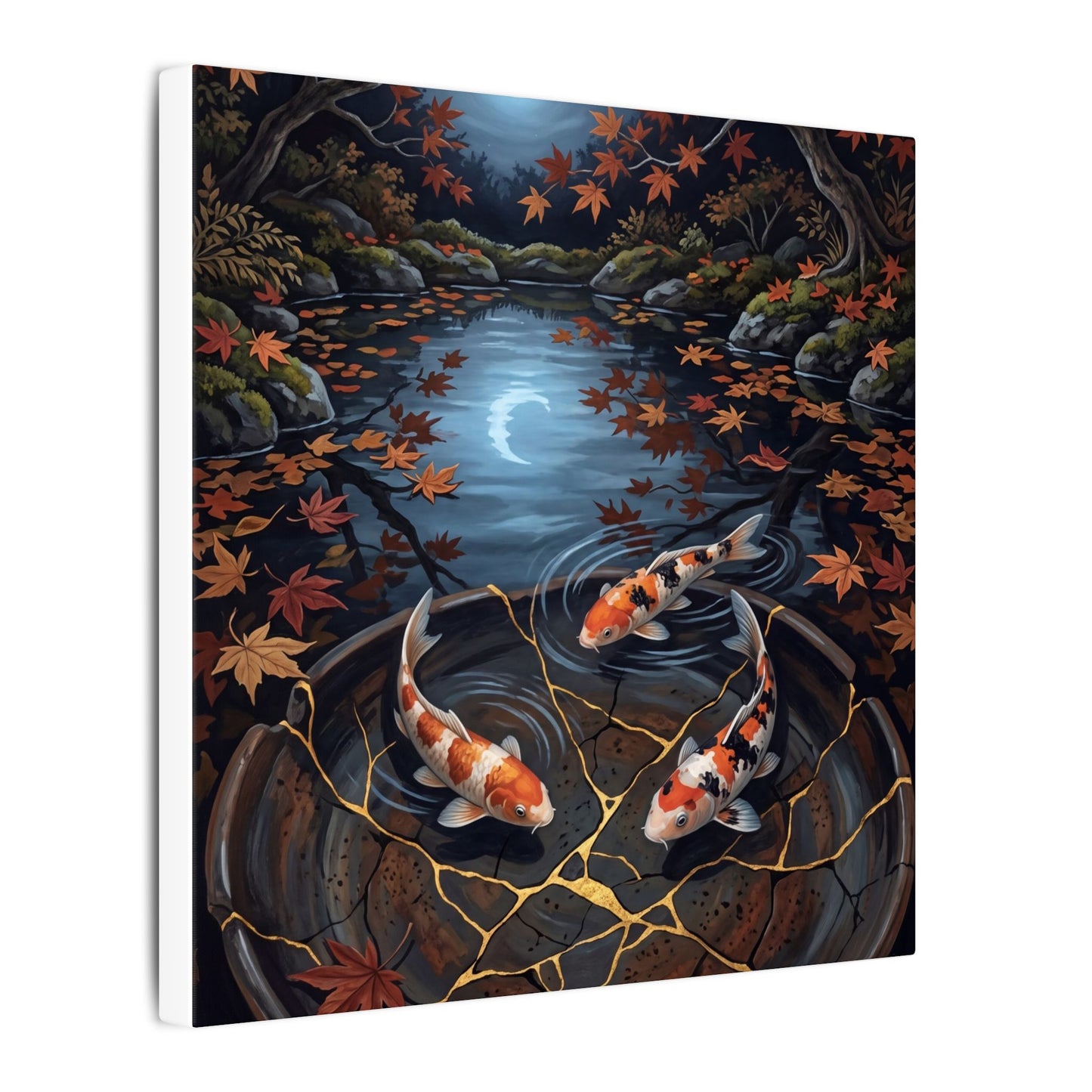 Koi Pond Canvas Art | Autumn Kintsugi Gold Repair Art