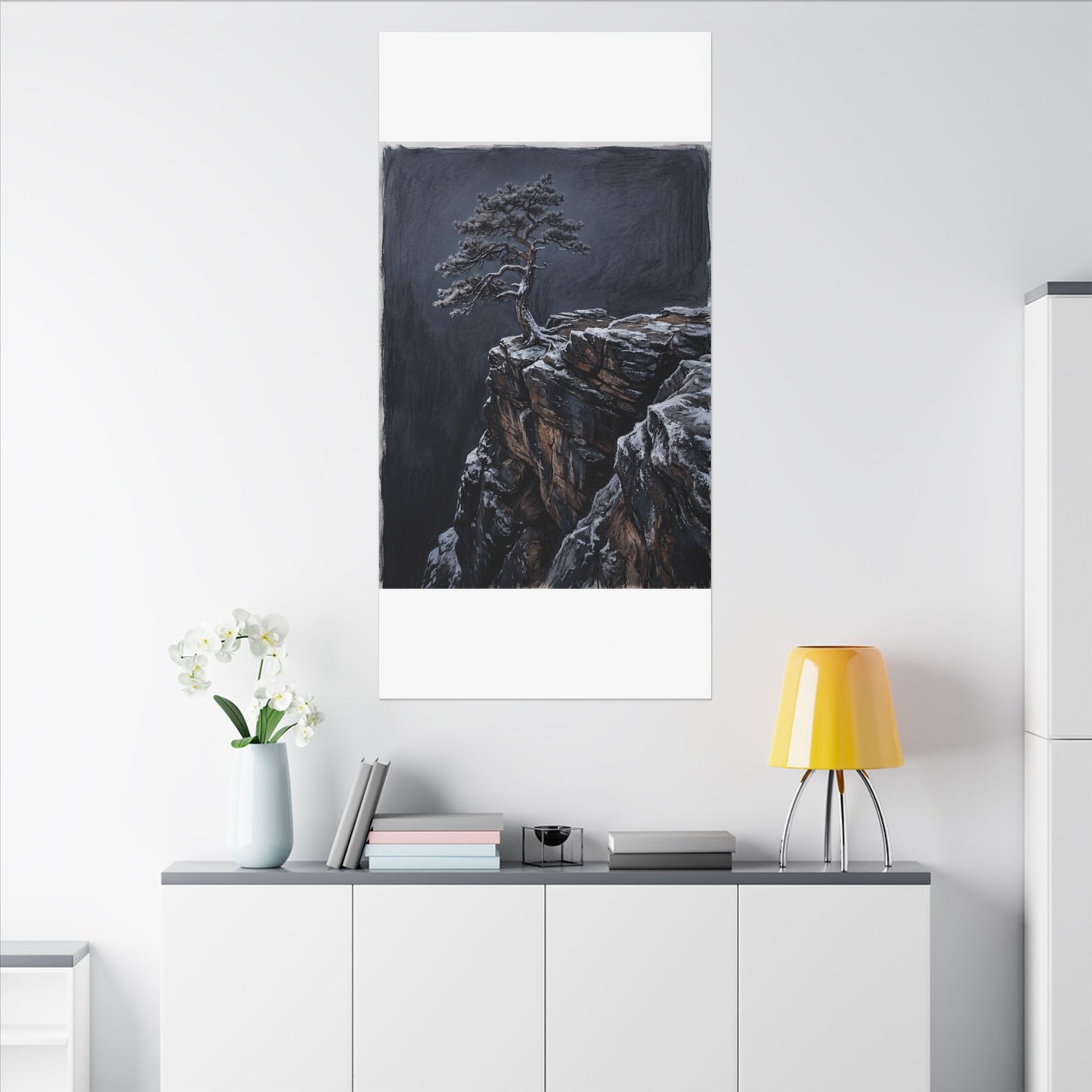 Dark Japandi Pine Tree in Dawn | Dark Texture Canvas Art