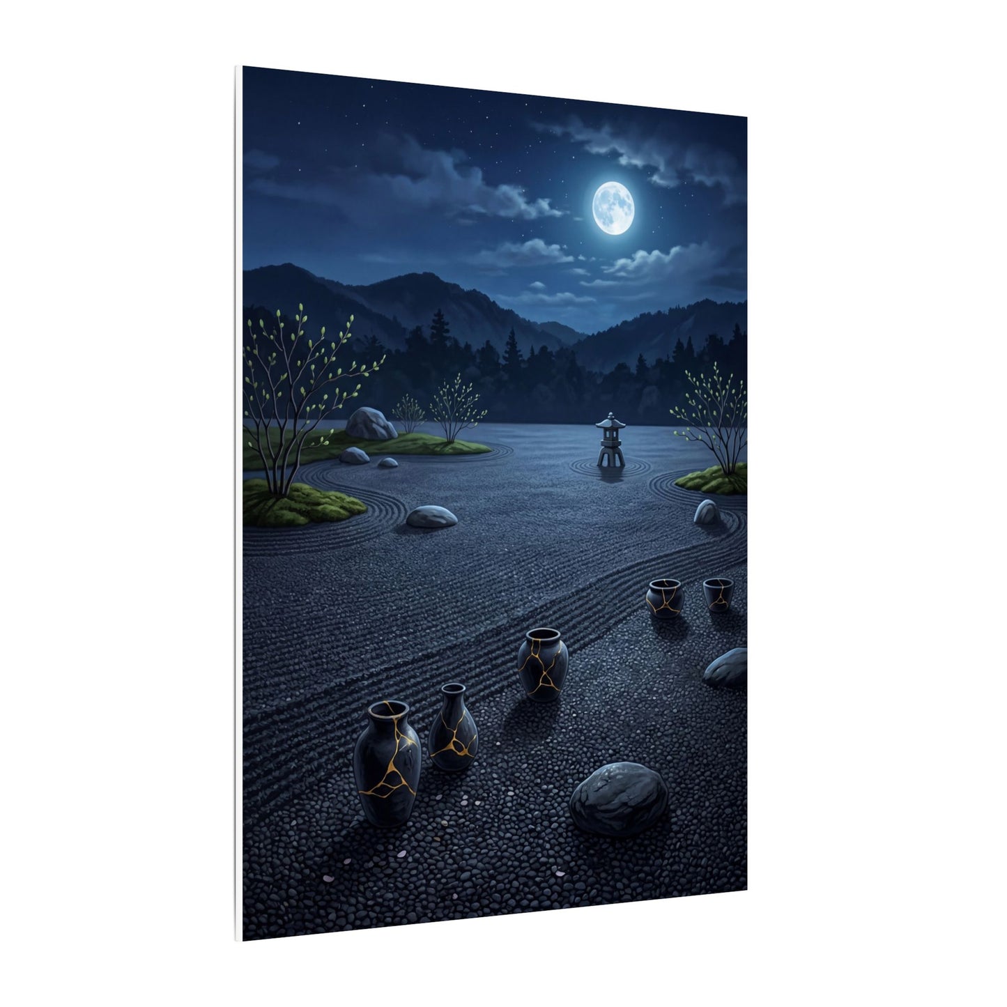 Kintsugi Moonlit Garden in Moonlight | Gold Repair Canvas Art