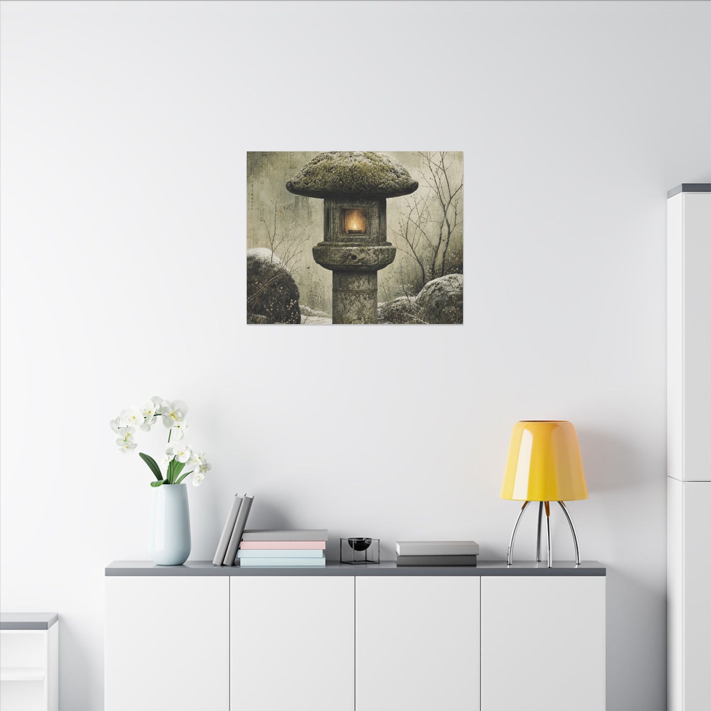 Stone Lantern Winter Canvas Art | Japandi Neutral Design