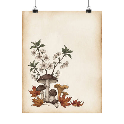 Autumn Cherry Blossom Mushroom Illustration Wall Art Print | Enchanting Decor