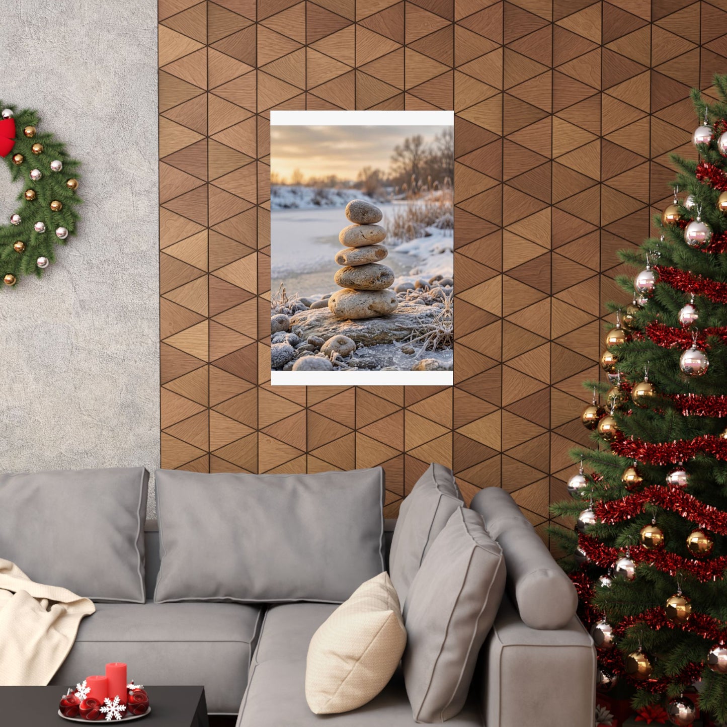 Winter River Stones Japanese Pattern Wall Art Print | Warm Decor