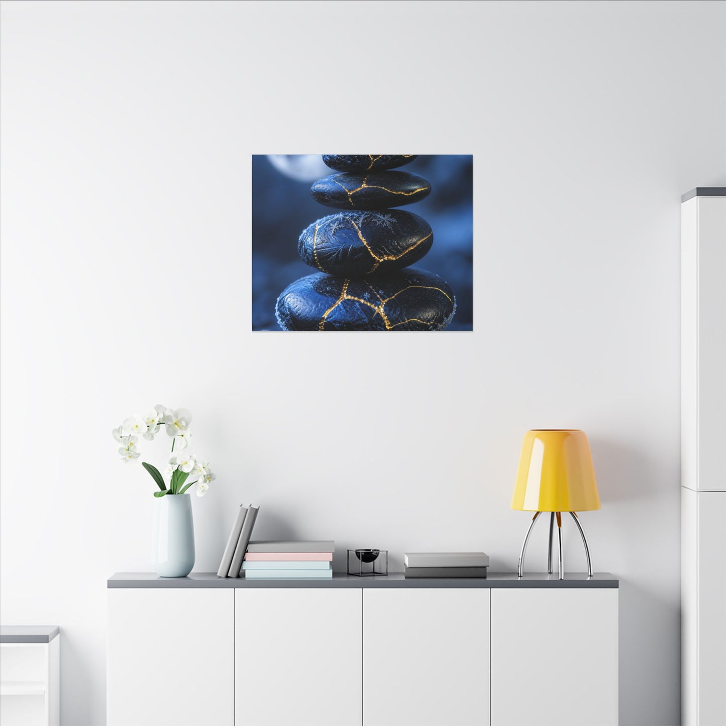 River Stones Canvas Art | Winter Kintsugi Gold Repair Art