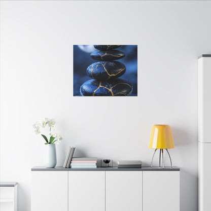 River Stones Canvas Art | Winter Kintsugi Gold Repair Art