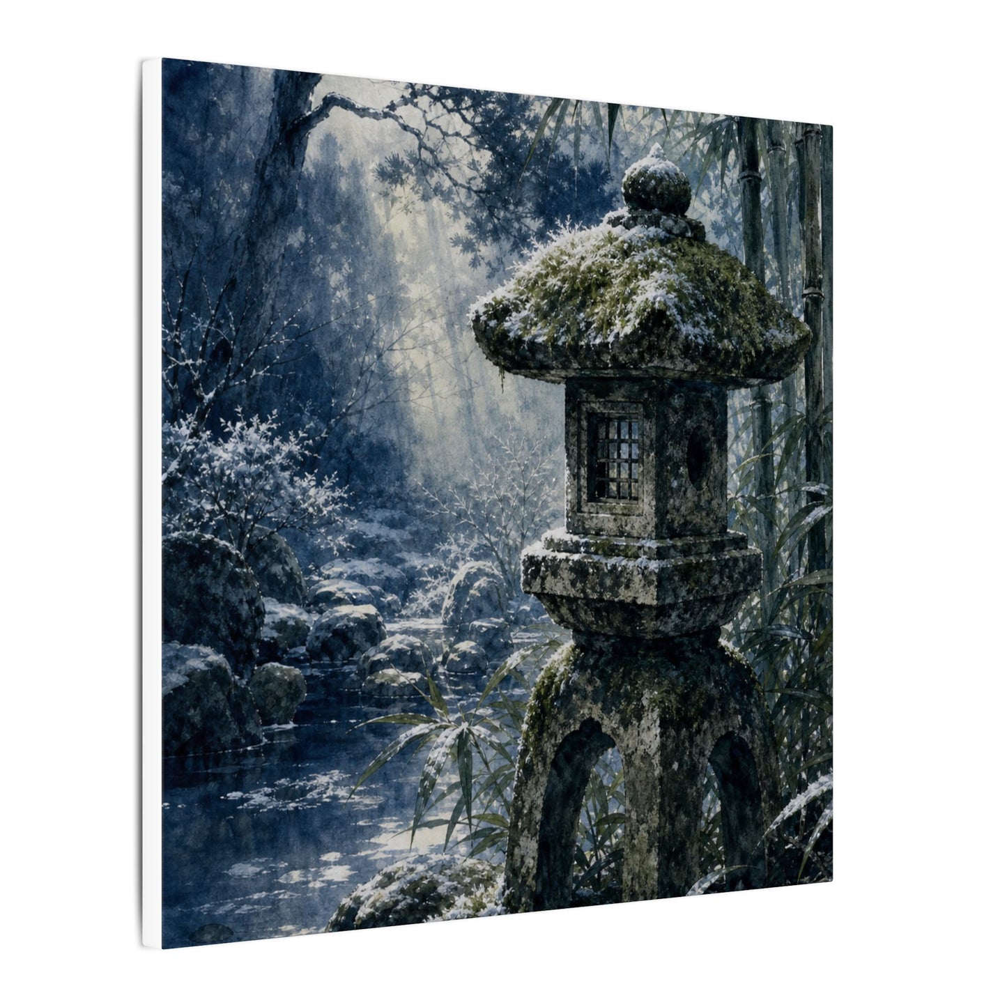 Zen Stone Lantern in Dappled | Sumi E Canvas Art