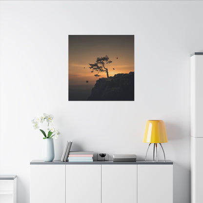 Dark Japandi Pine Tree in Golden Hour | Moody Minimal Canvas Art