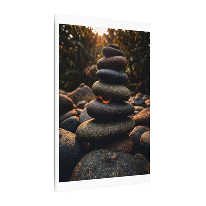 Dark Japandi River Stones in Golden Hour | Moody Minimal Canvas Art
