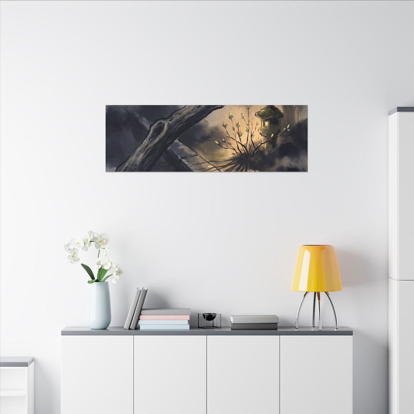 Dark Japandi Moonlit Garden in Golden Hour | Charcoal Ink Canvas Art