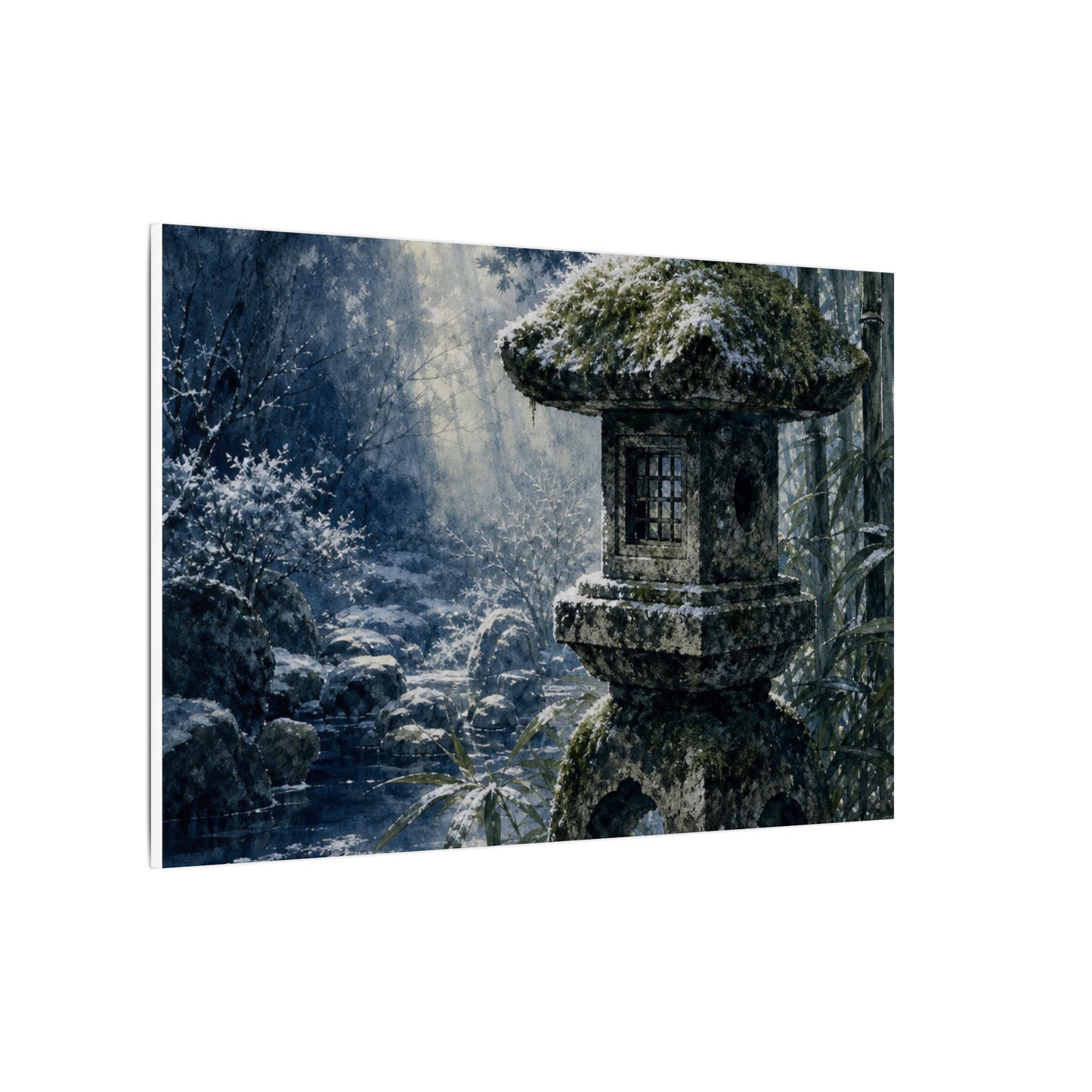 Zen Stone Lantern in Dappled | Sumi E Canvas Art