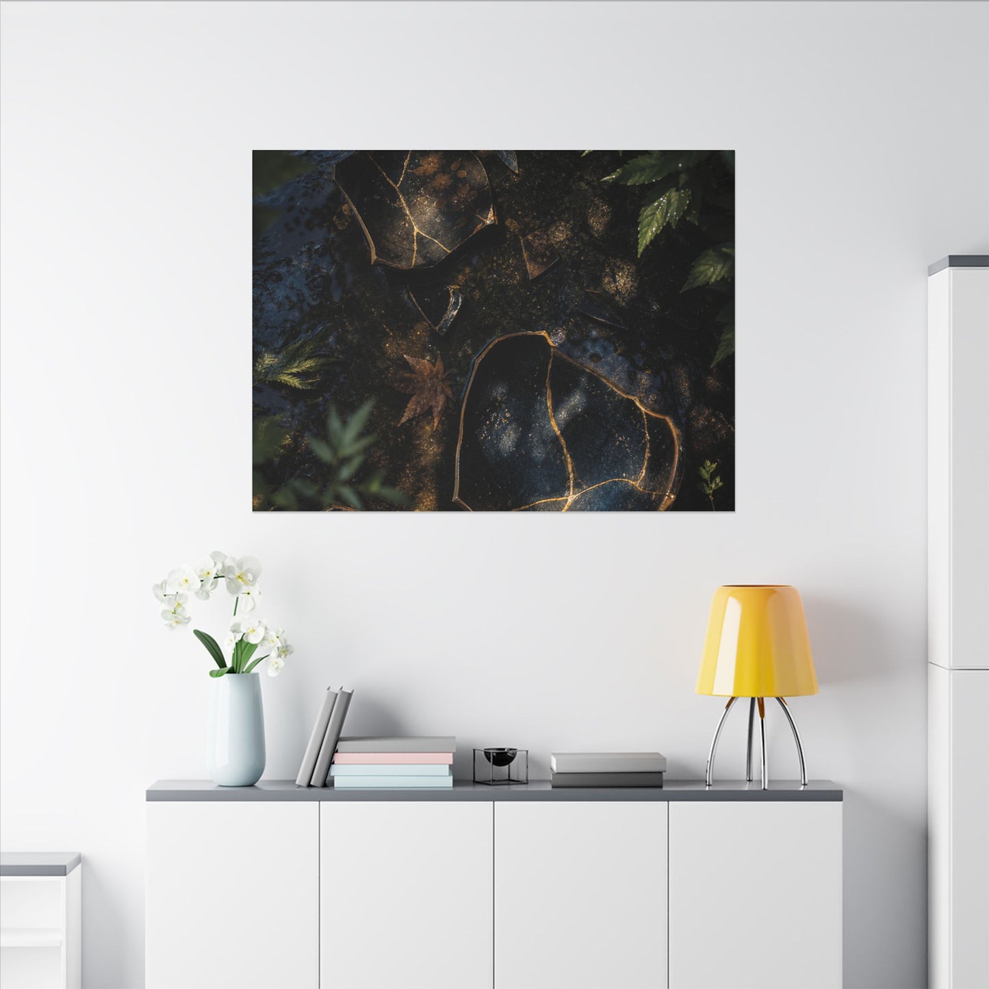 Dark Japandi Broken Pottery in Dappled | Shadow Zen Canvas Art