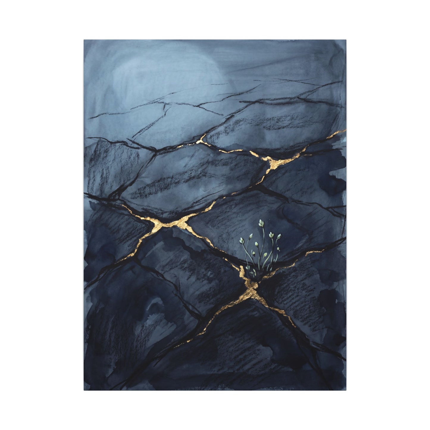 Mono No Aware Cracked Earth Canvas Art - Dark Japandi Charcoal Ink