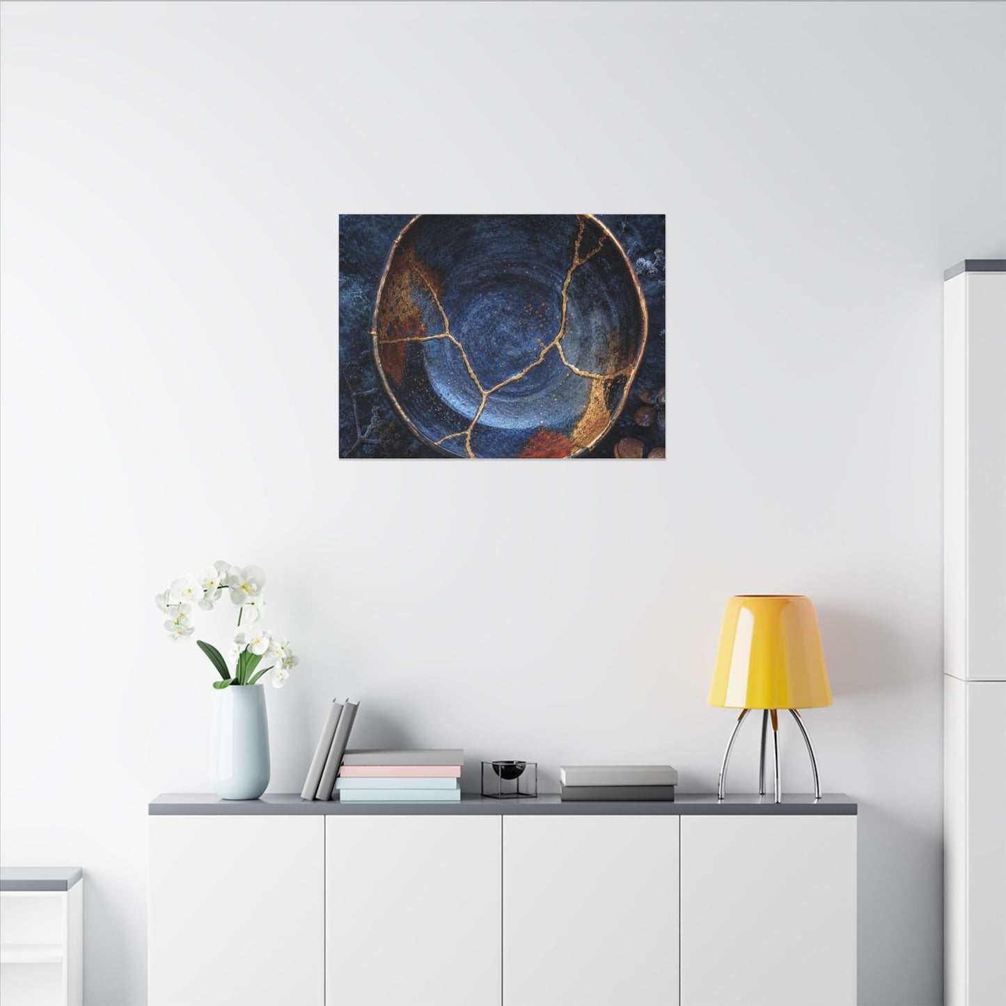 Kintsugi Ceramic Bowl in Moonlight | Crackle Gold Canvas Art