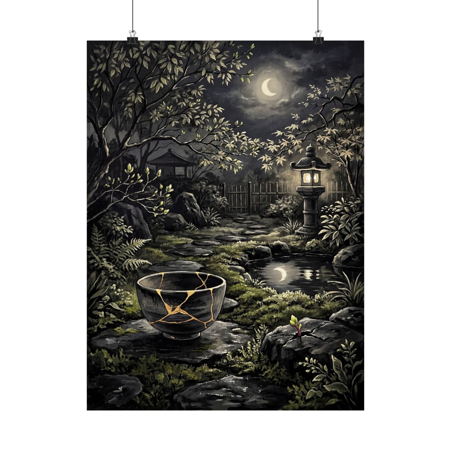 Kintsugi Moonlit Garden in Dappled | Gold Repair Wall Art Print Art Print