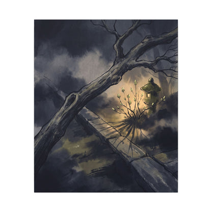 Dark Japandi Moonlit Garden in Golden Hour | Charcoal Ink Canvas Art