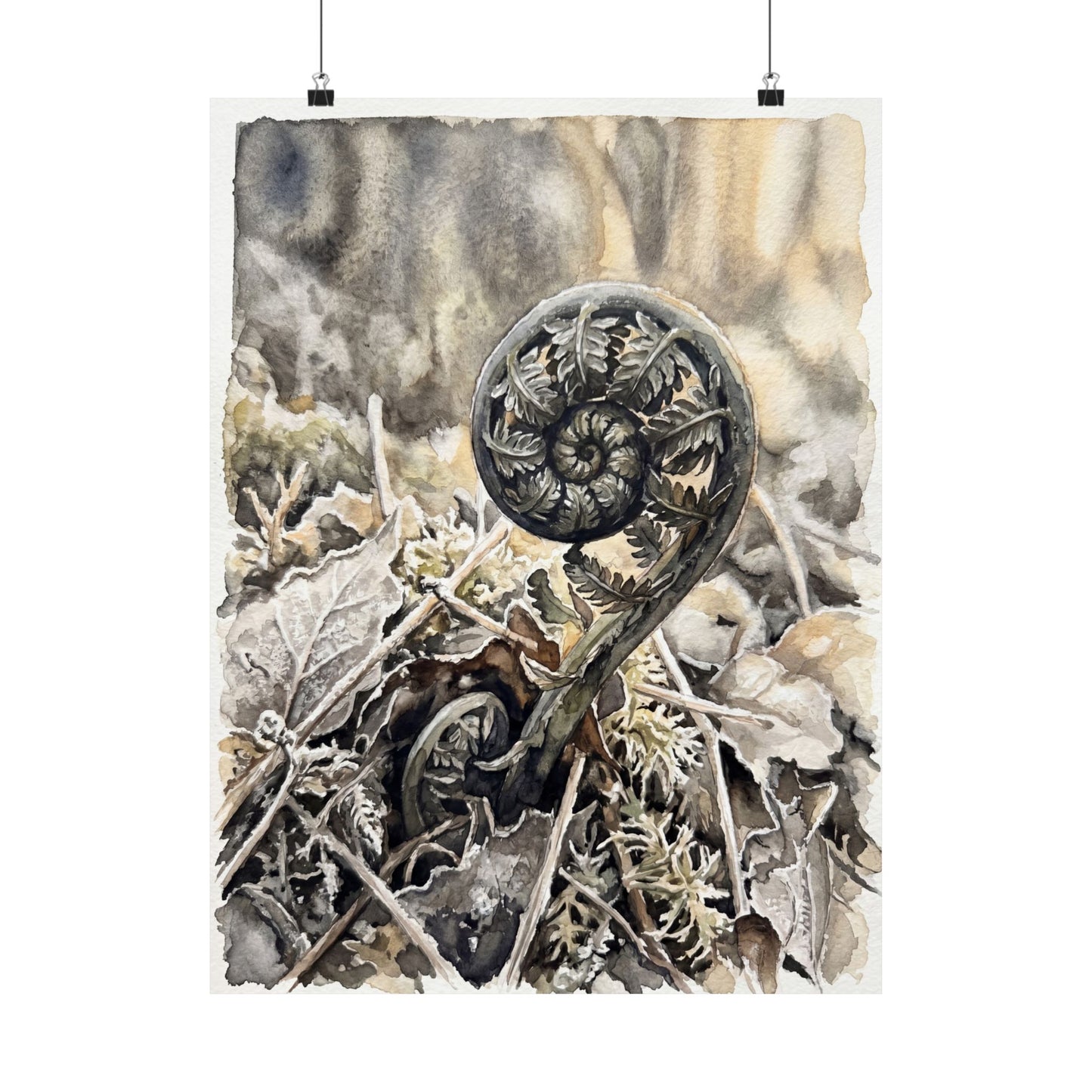 Japandi Fern Unfurling in Golden Hour | Watercolor Wall Art Print