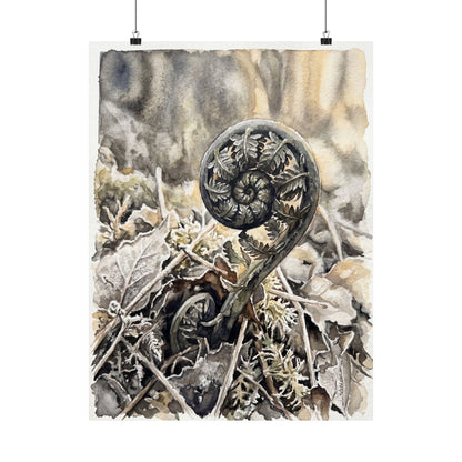 Japandi Fern Unfurling in Golden Hour | Watercolor Wall Art Print