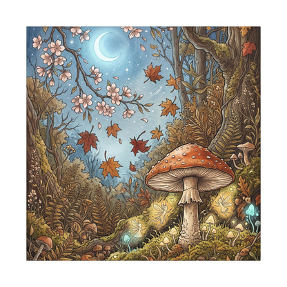 Autumn Cherry Blossom Mushroom Illustration Canvas Art | Enchanting Decor
