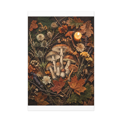 Autumn Dried Flowers Mushroom Illustration Canvas Art | Earthy Decor