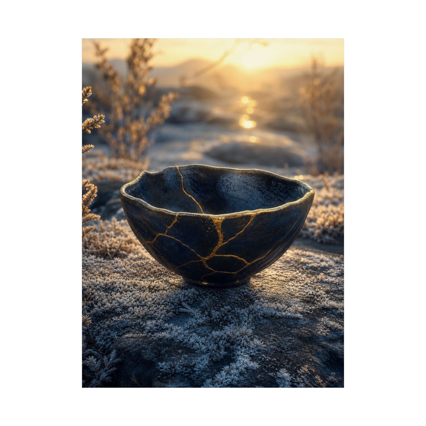 Kintsugi Ceramic Bowl in Golden Hour | Gold Repair Wall Art Print