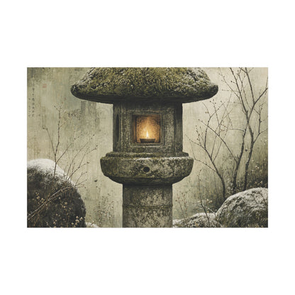 Stone Lantern Winter Canvas Art | Japandi Neutral Design