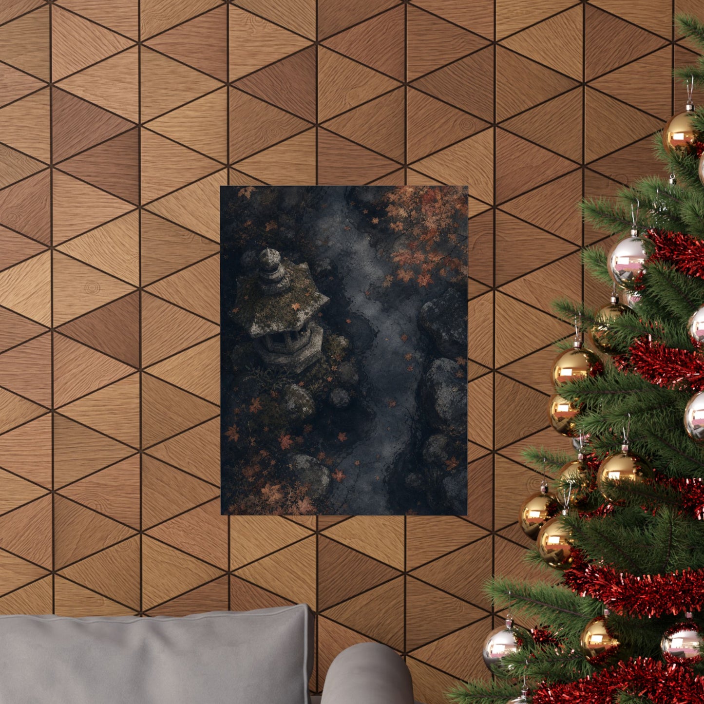 Japandi Stone Lantern in Moonlight | Texture Wall Art Print