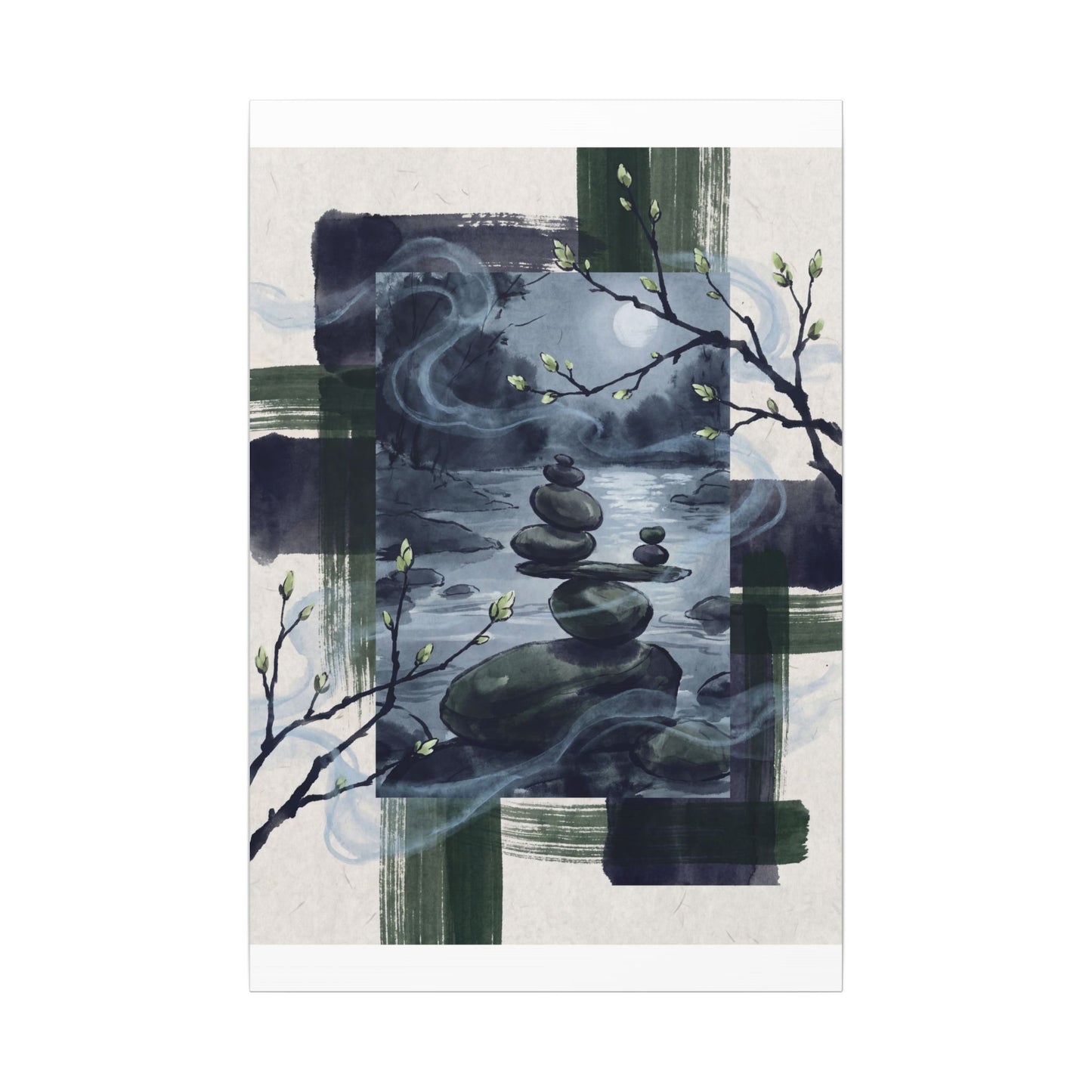 Moonlight River Stones Canvas Art - Zen Shibui