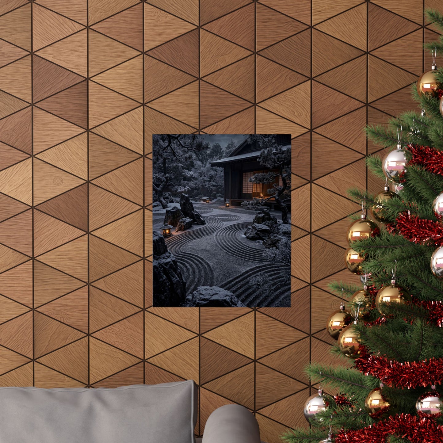 Dark Japandi Rock Garden in Candlelight | Shadow Zen Wall Art Print