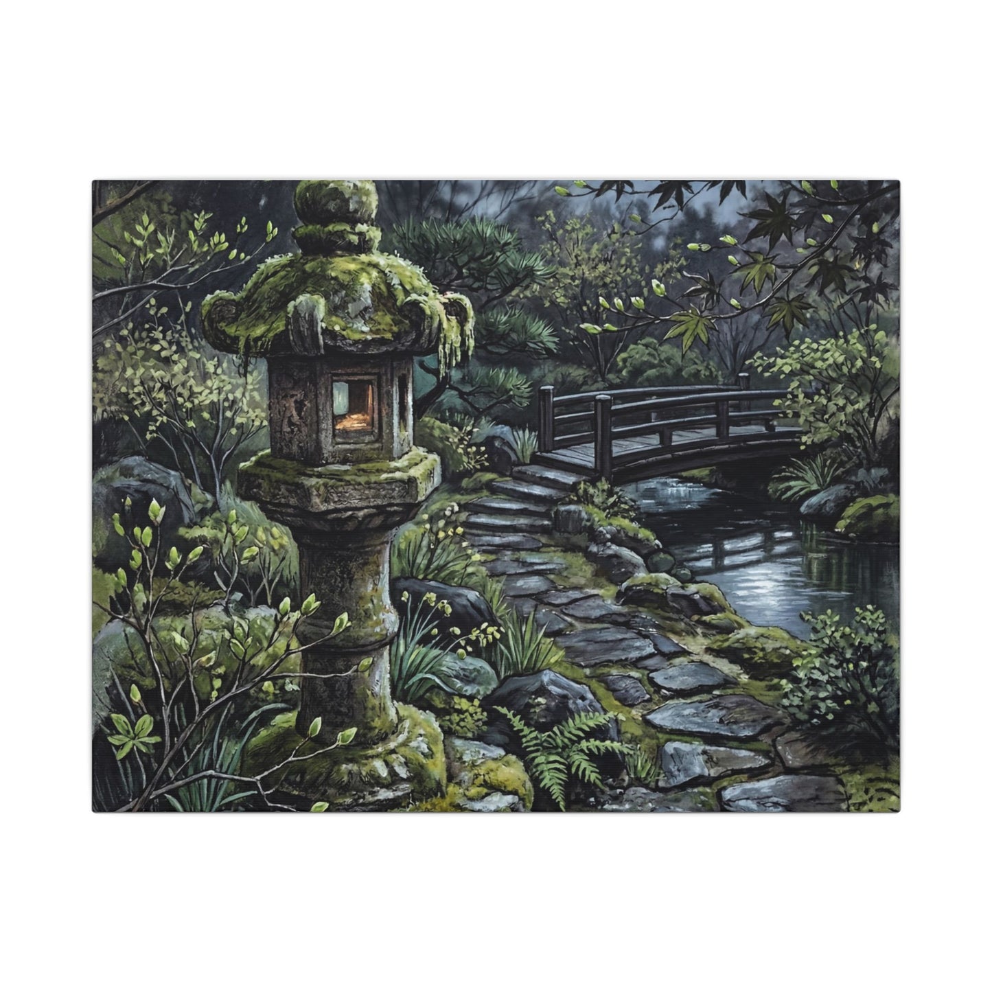 Japandi Stone Lantern in Moonlight | Texture Canvas Art Art Print