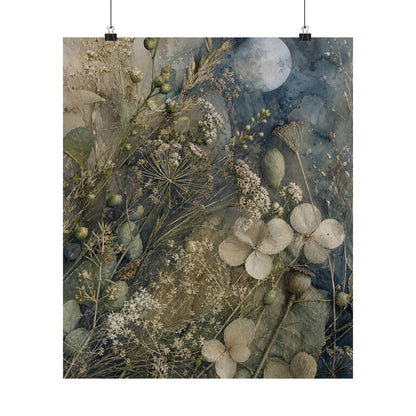 Japandi Dried Flowers in Moonlight | Watercolor Wall Art Print