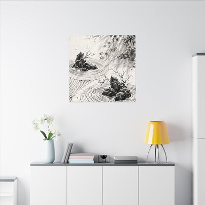 Rock Garden Canvas Art | Winter Zen Sumi E Art
