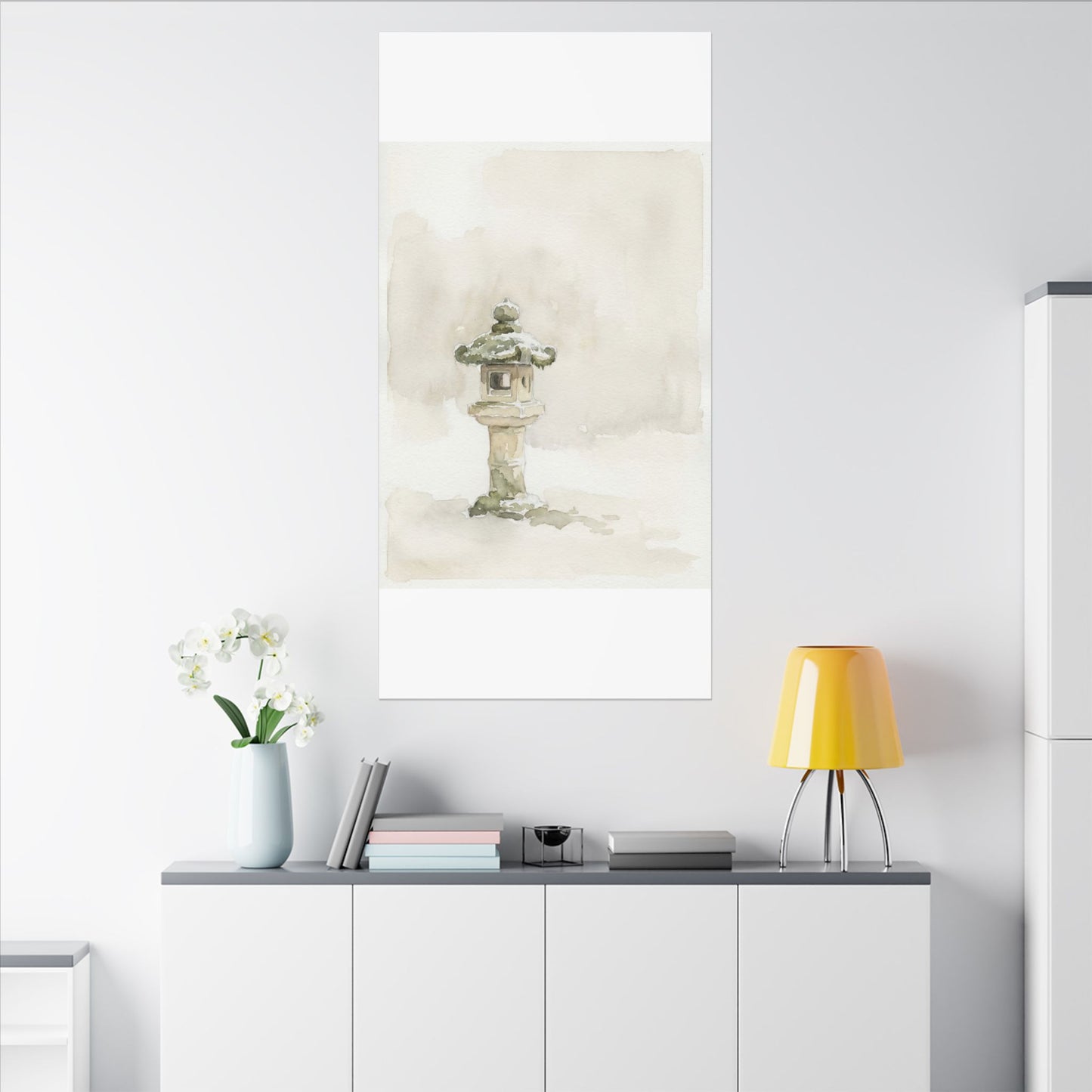 Stone Lantern Winter Canvas Art | Japandi Earthy Design