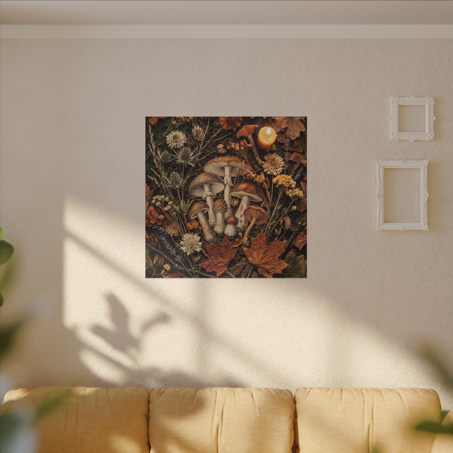 Autumn Dried Flowers Mushroom Illustration Canvas Art | Earthy Decor