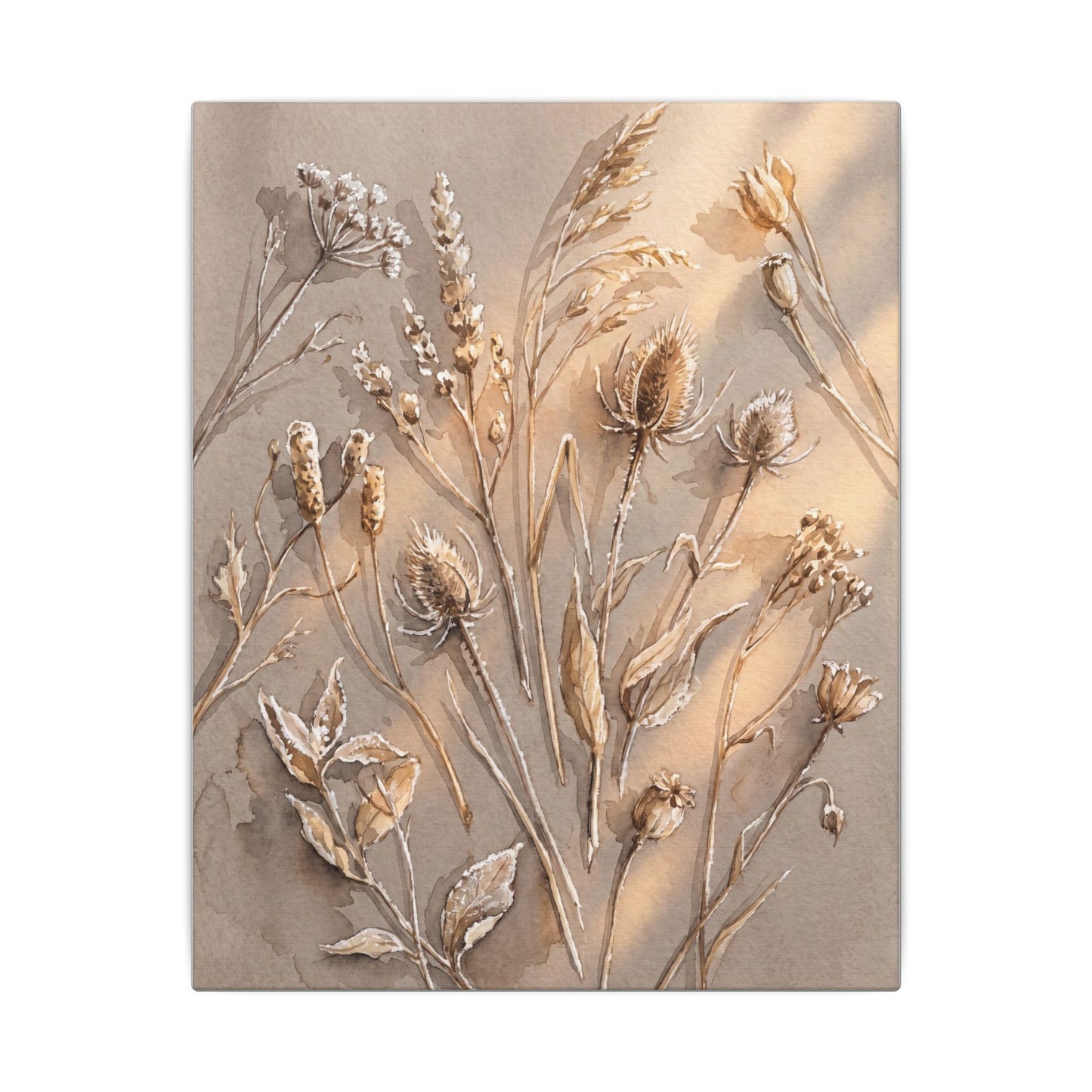 Japandi Dried Flowers in Golden Hour | Watercolor Canvas Art