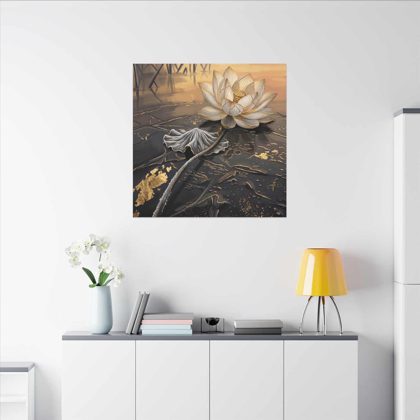 Kintsugi Lotus Flower in Golden Hour | Gold Vein Canvas Art