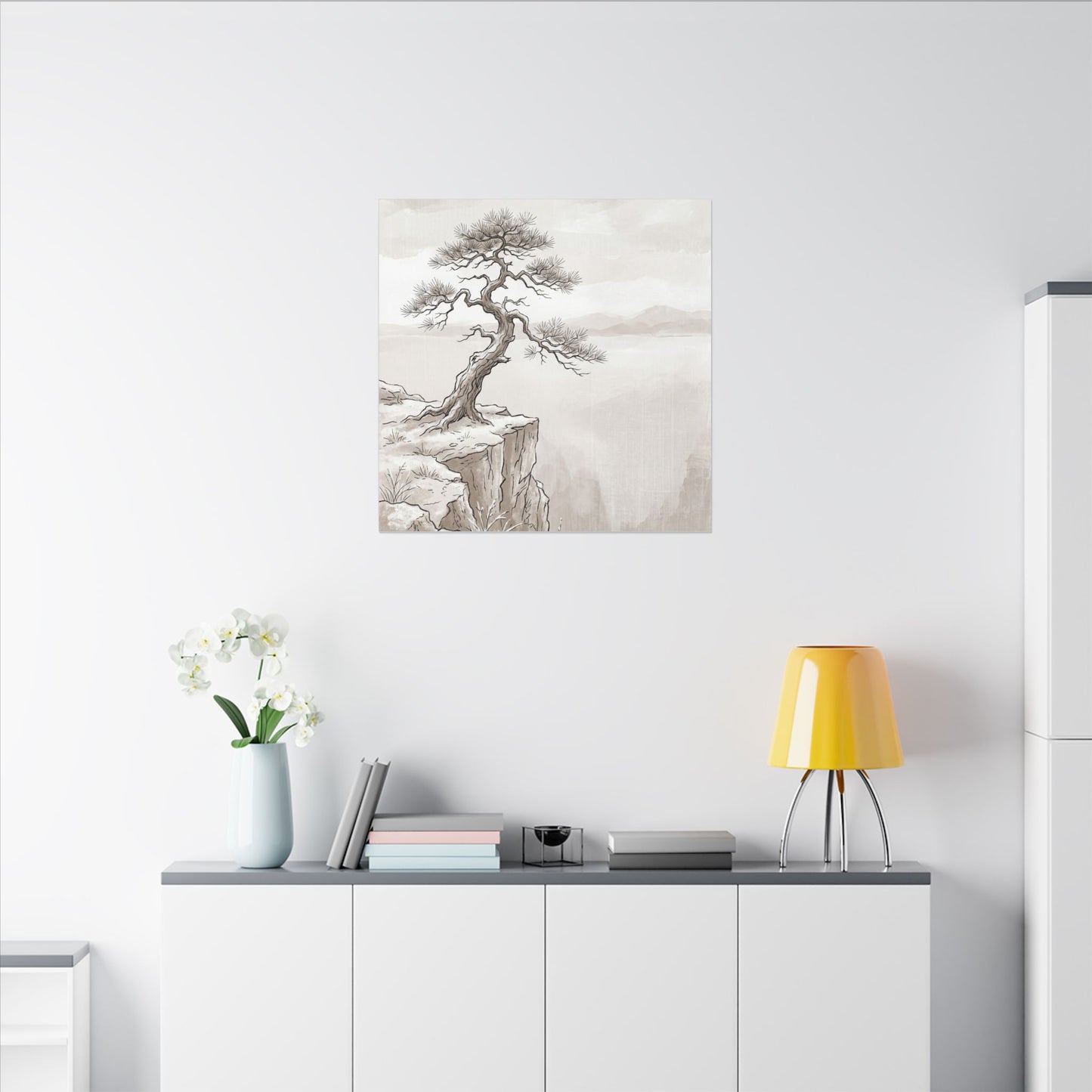 Neutral Pine Tree Canvas Art - Minimal Line Japandi