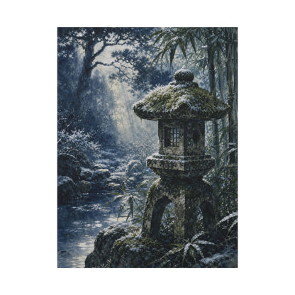 Zen Stone Lantern in Dappled | Sumi E Canvas Art