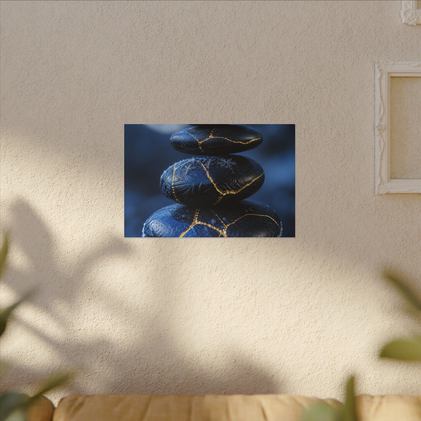 River Stones Canvas Art | Winter Kintsugi Gold Repair Art